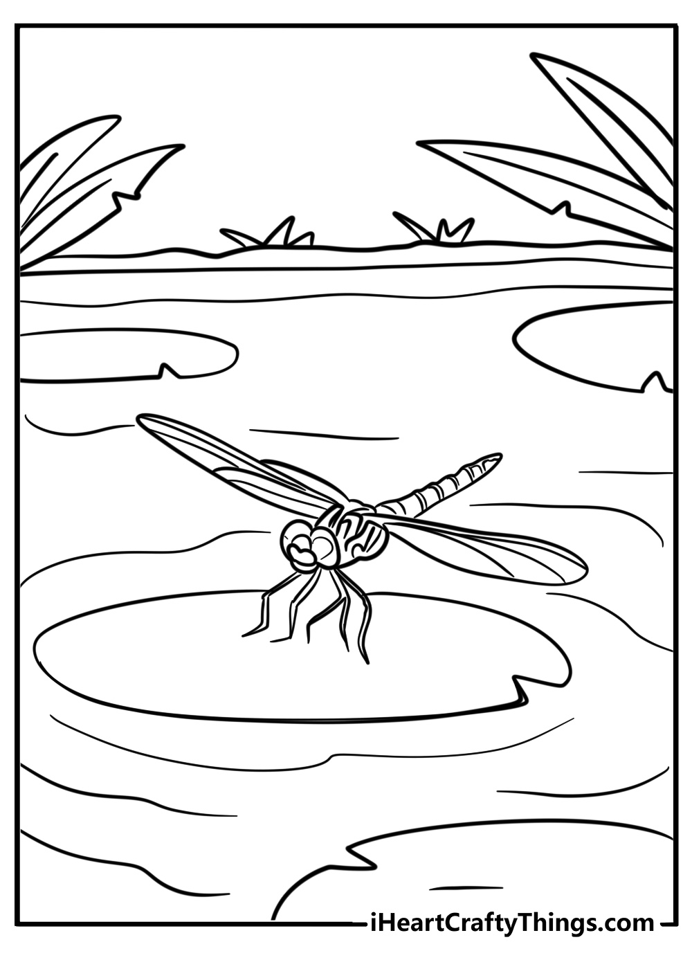 Dragonfly and lily pads free printable coloring page