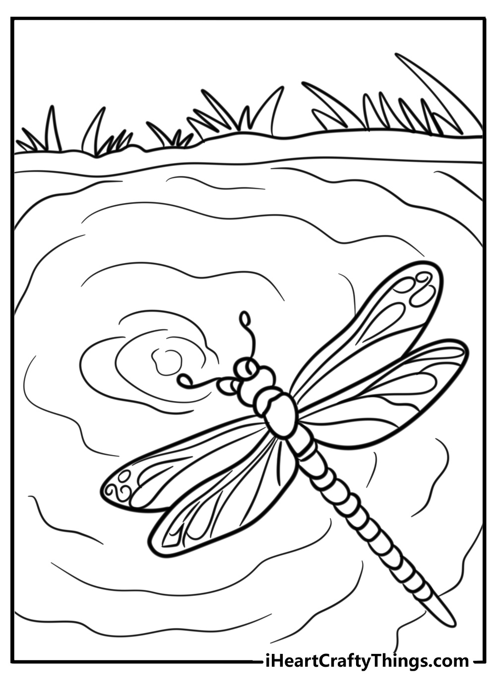 Dragonfly flying over a pond coloring page for kids