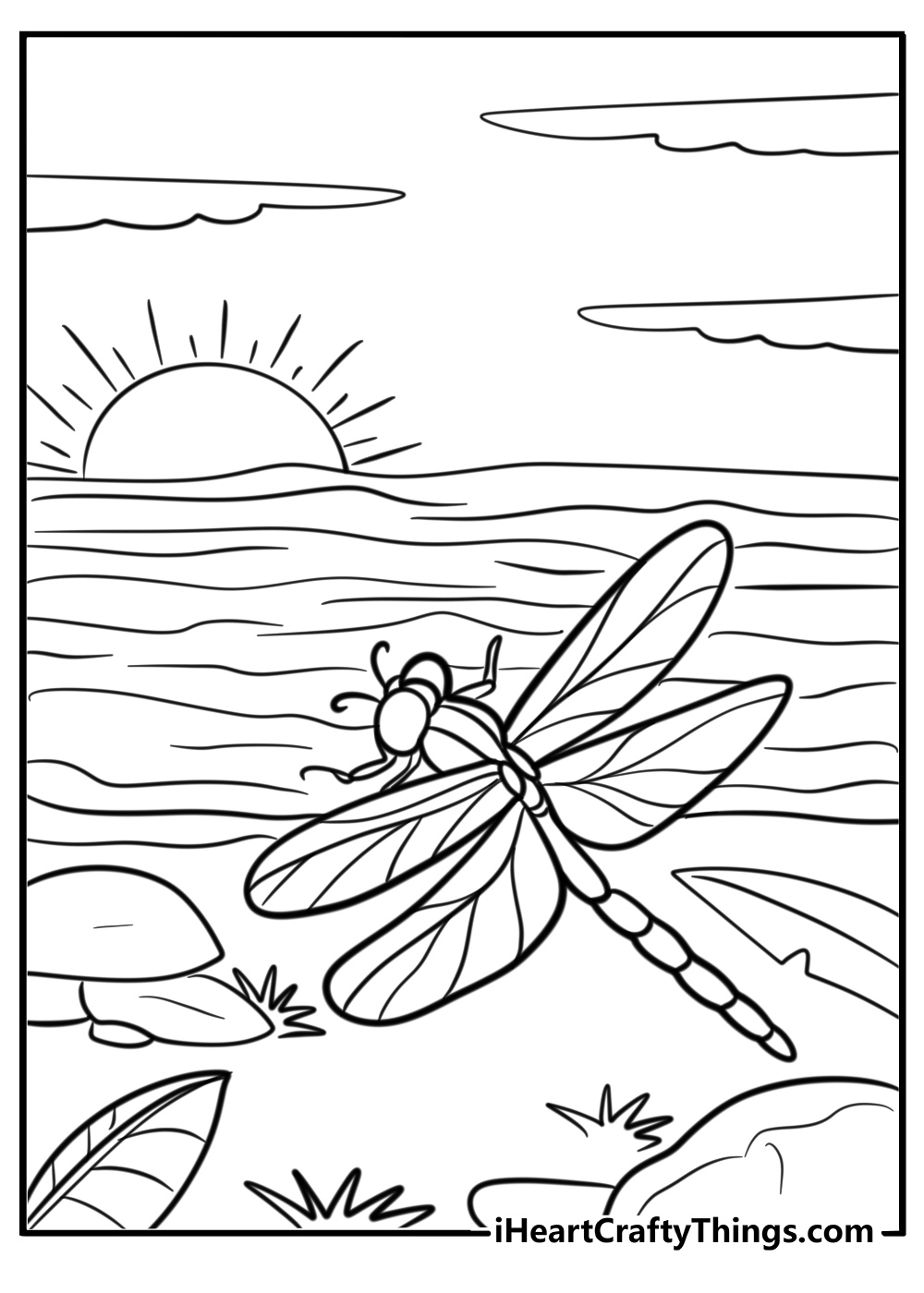 Dragonfly hovering in the sunset fun coloring sheet