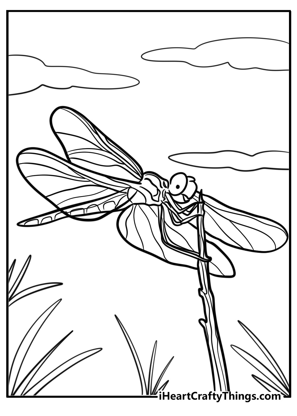 Dragonfly landing on a branch detailed coloring sheet