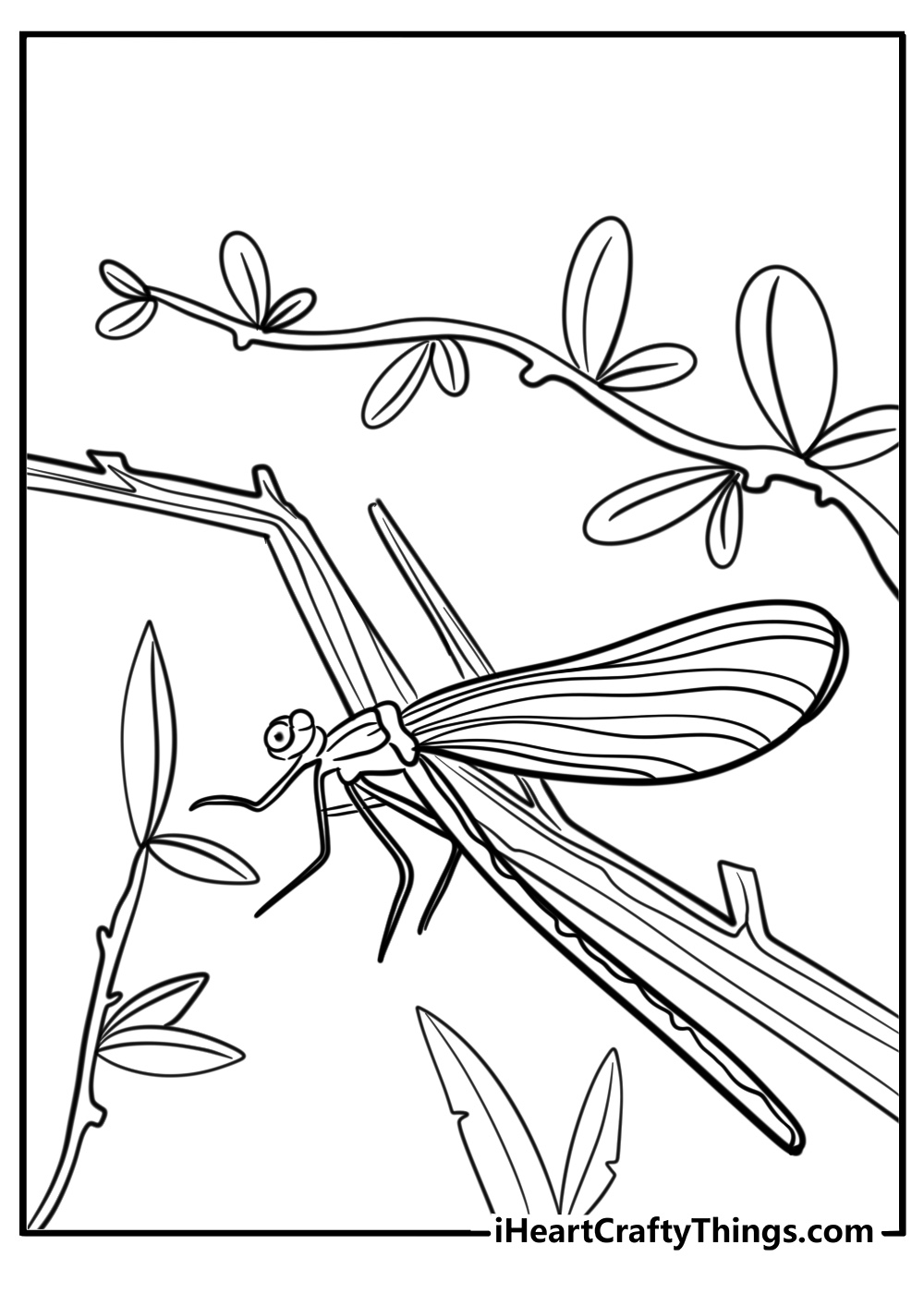 Dragonfly with nature background coloring page for kids