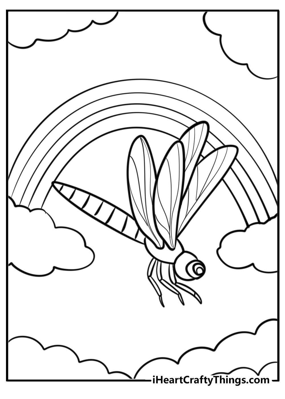 Dragonfly with rainbow background printable coloring page