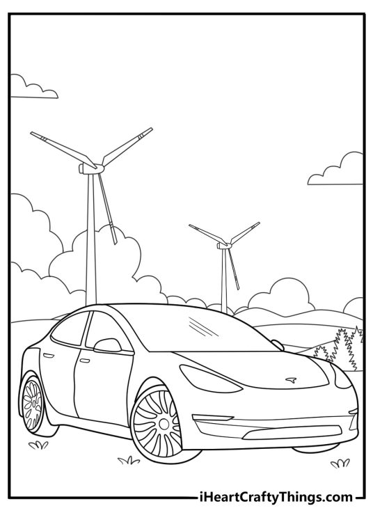 easy coloring page with Tesla car parked near wind turbines
