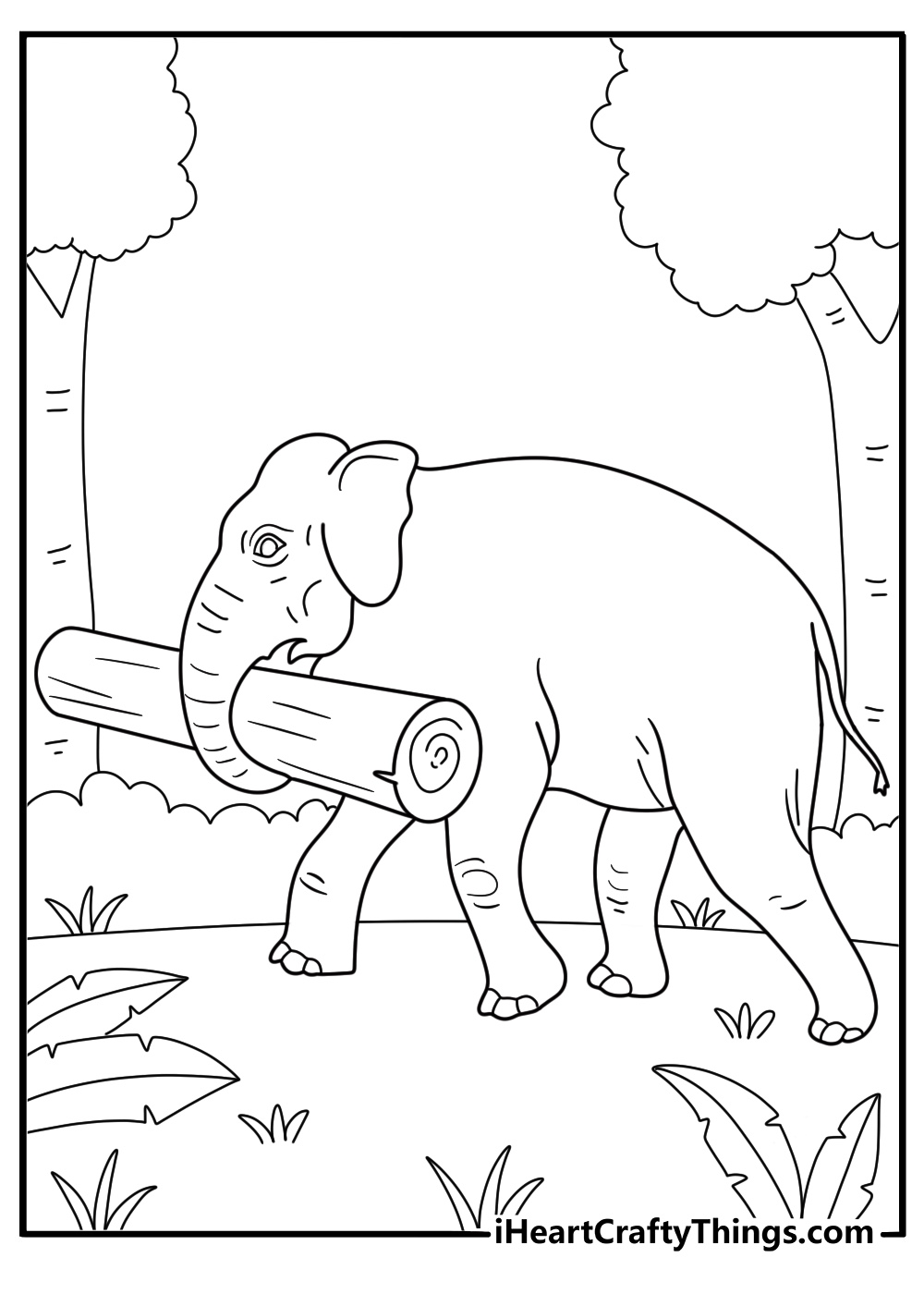 easy elephant coloring page for kids elephant carrying a log through jungle path printable pdf