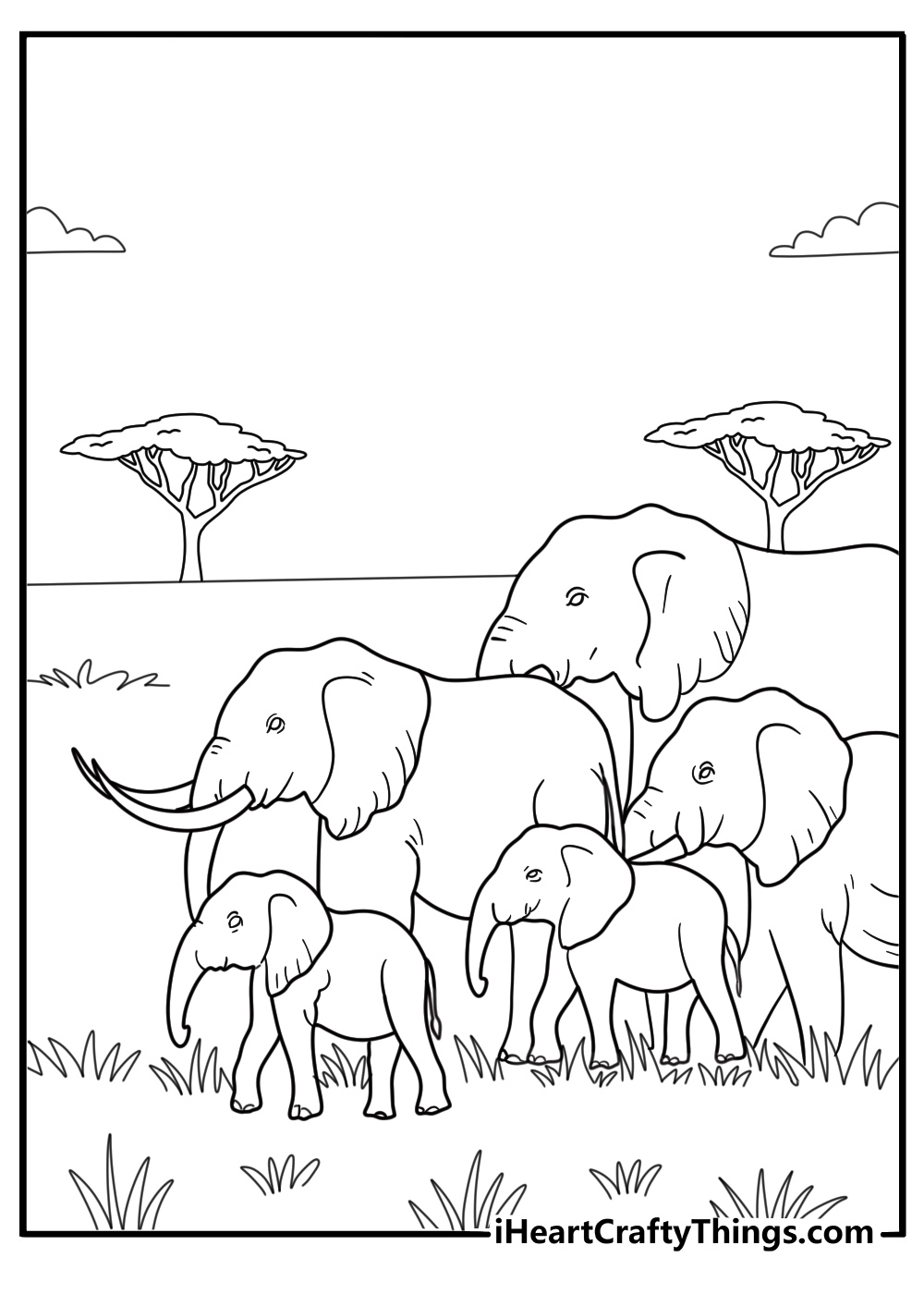 elephant herd coloring poster for kids three elephants walking in savanna with acacia trees and distant sun printable sheet