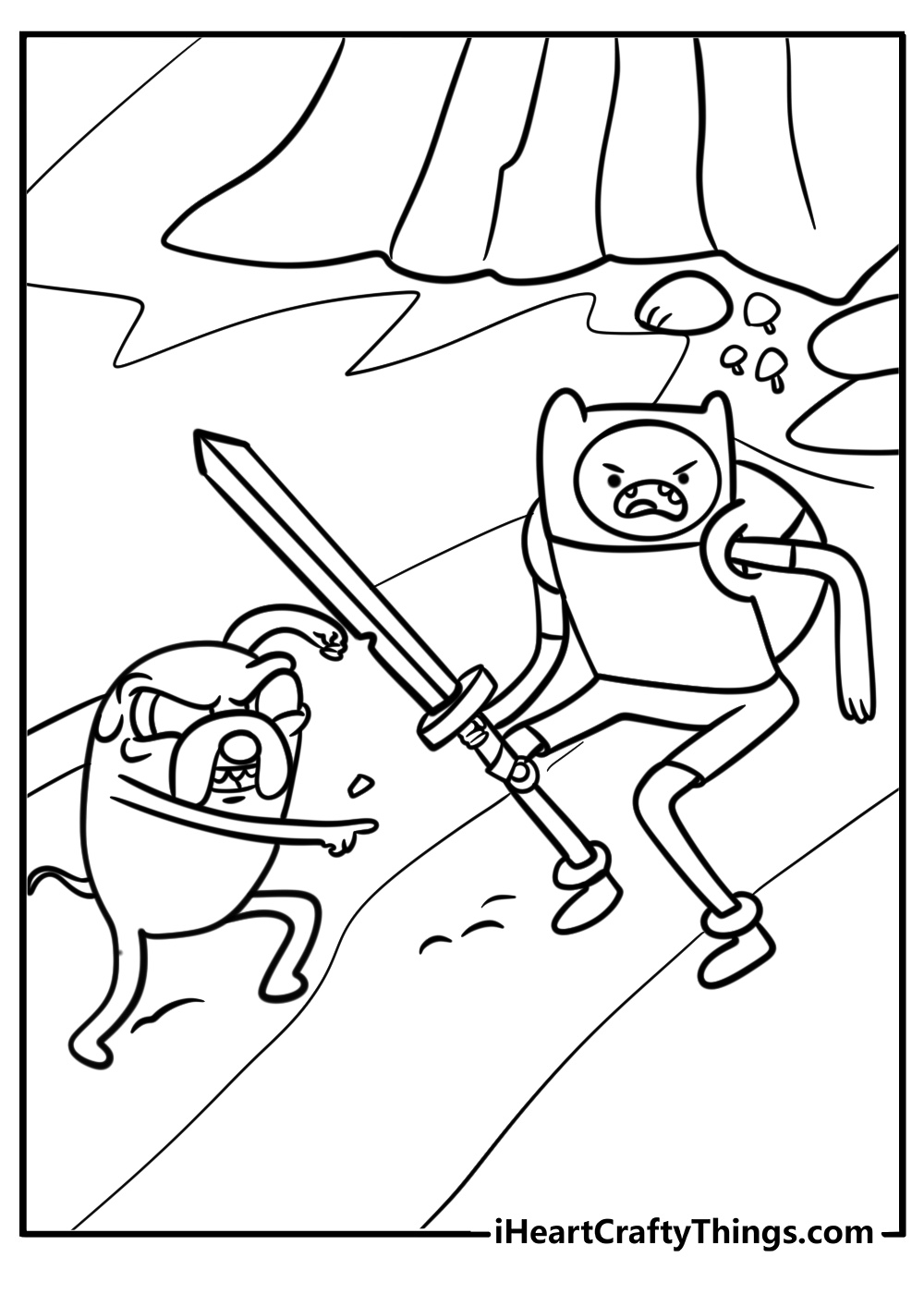 Finn and jake fighting monsters detailed coloring sheet