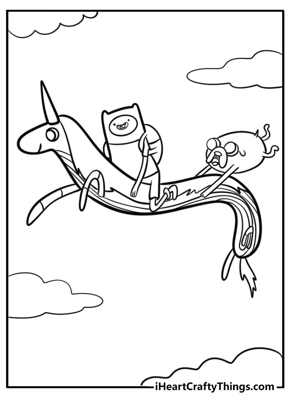 Finn and jake riding on lady rainicorn printable coloring page