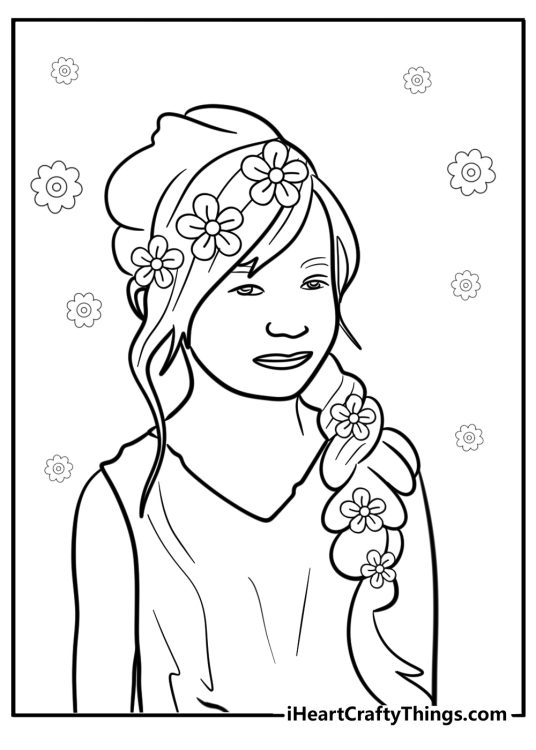 Flower child with braided hair coloring page for kids