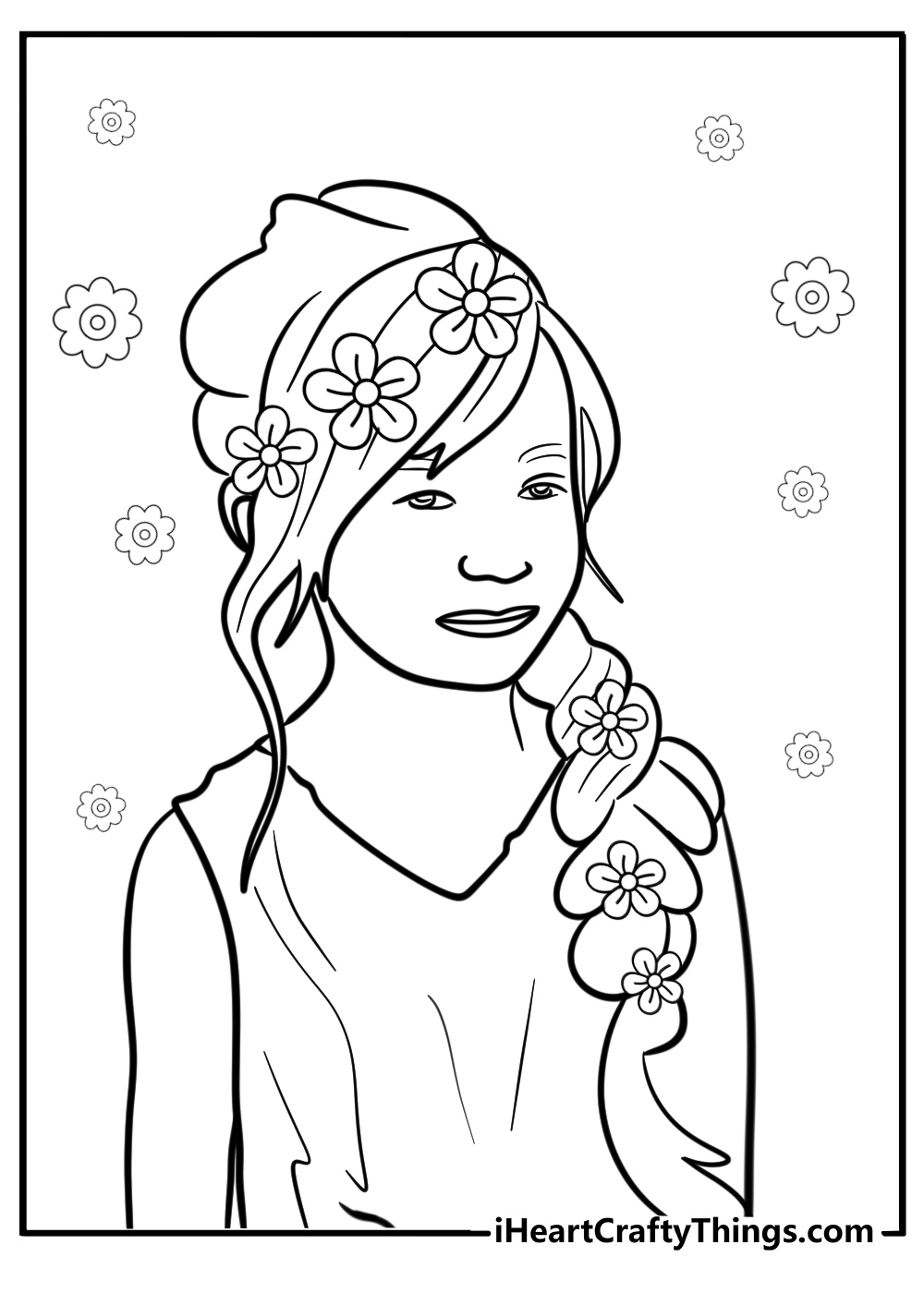 Flower child with braided hair coloring page for kids