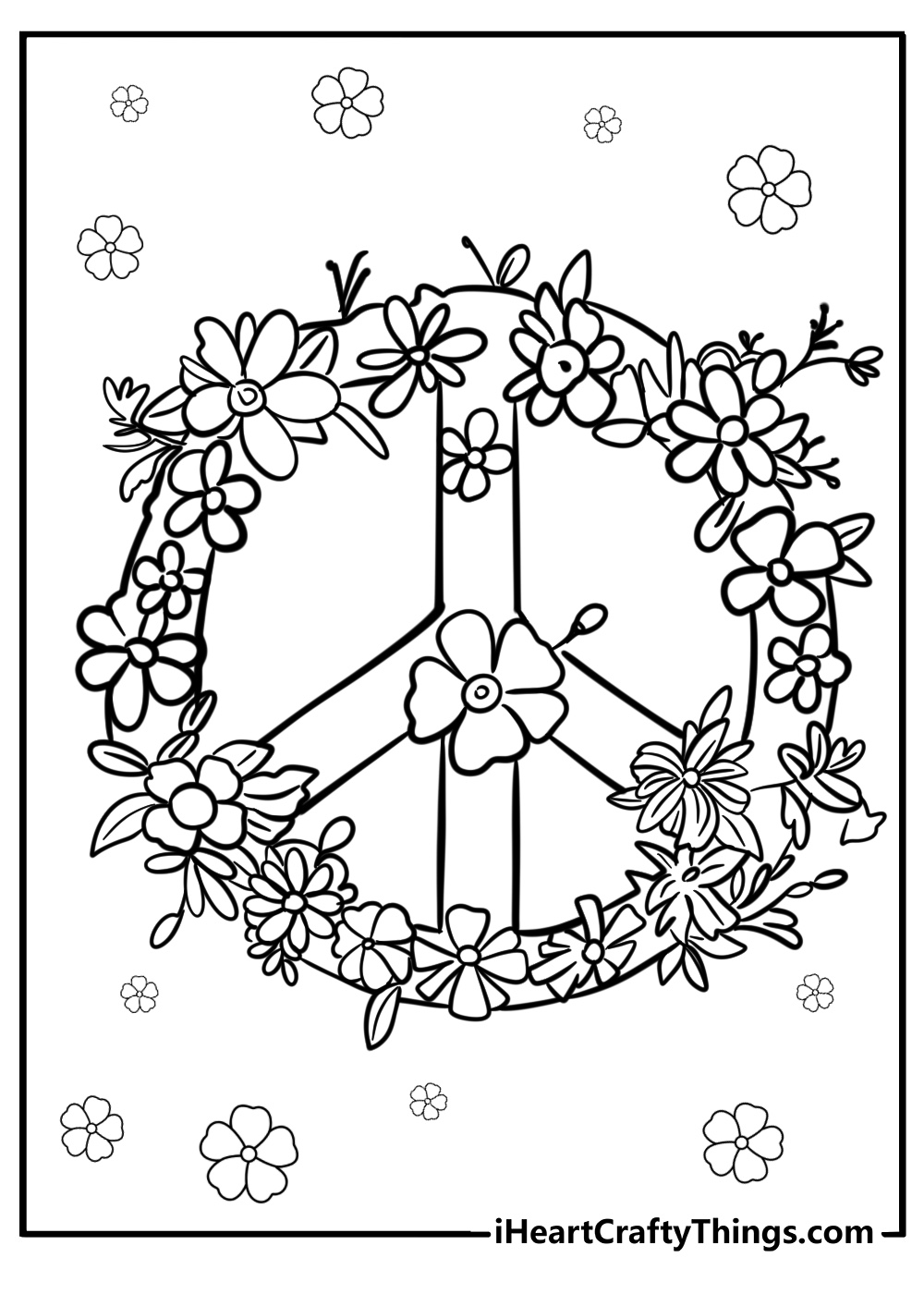 Flower crown with peace symbols free coloring page pdf