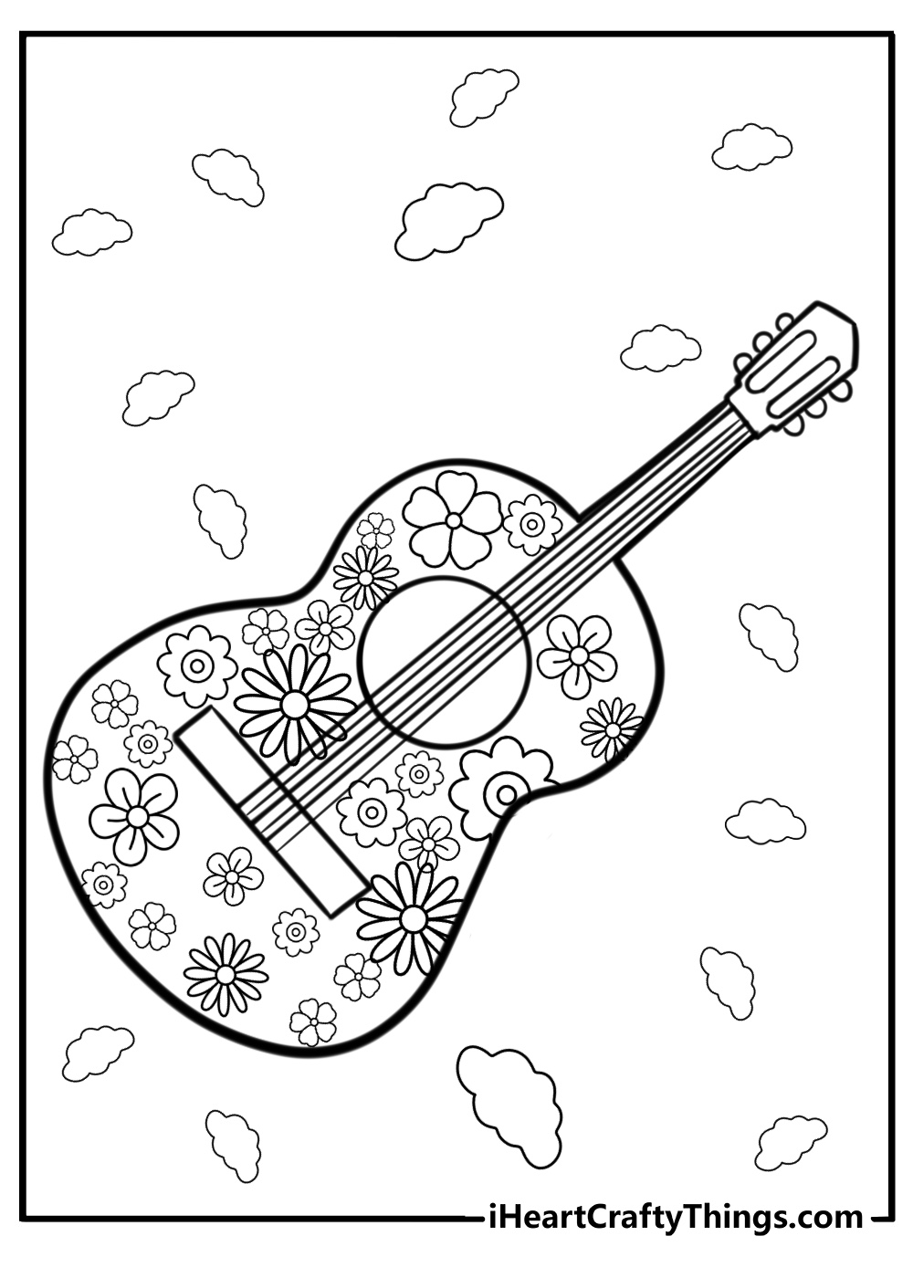 Flower power hippie with guitar detailed coloring sheet