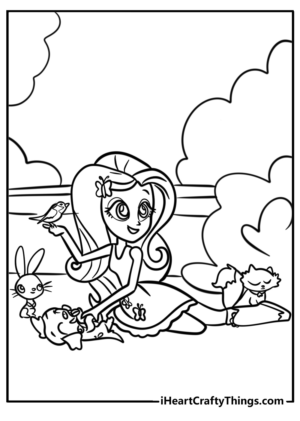 Fluttershy with her animal friends detailed coloring sheet