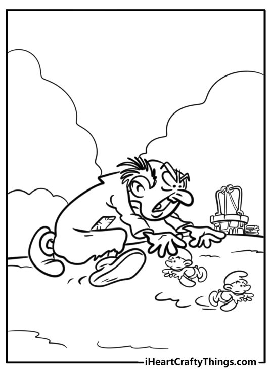 Gargamel chasing the smurfs free coloring page pdf