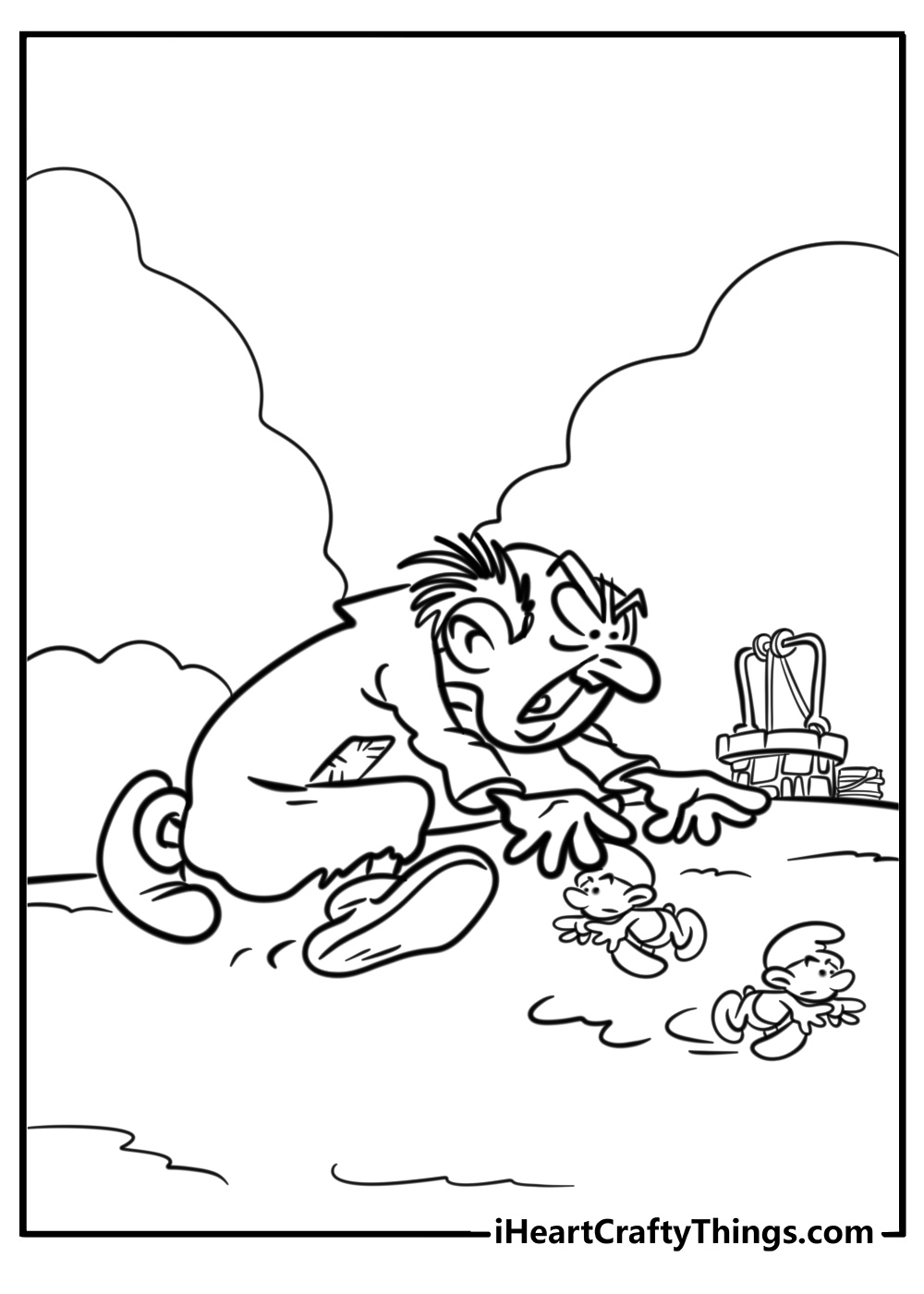 Gargamel chasing the smurfs free coloring page pdf