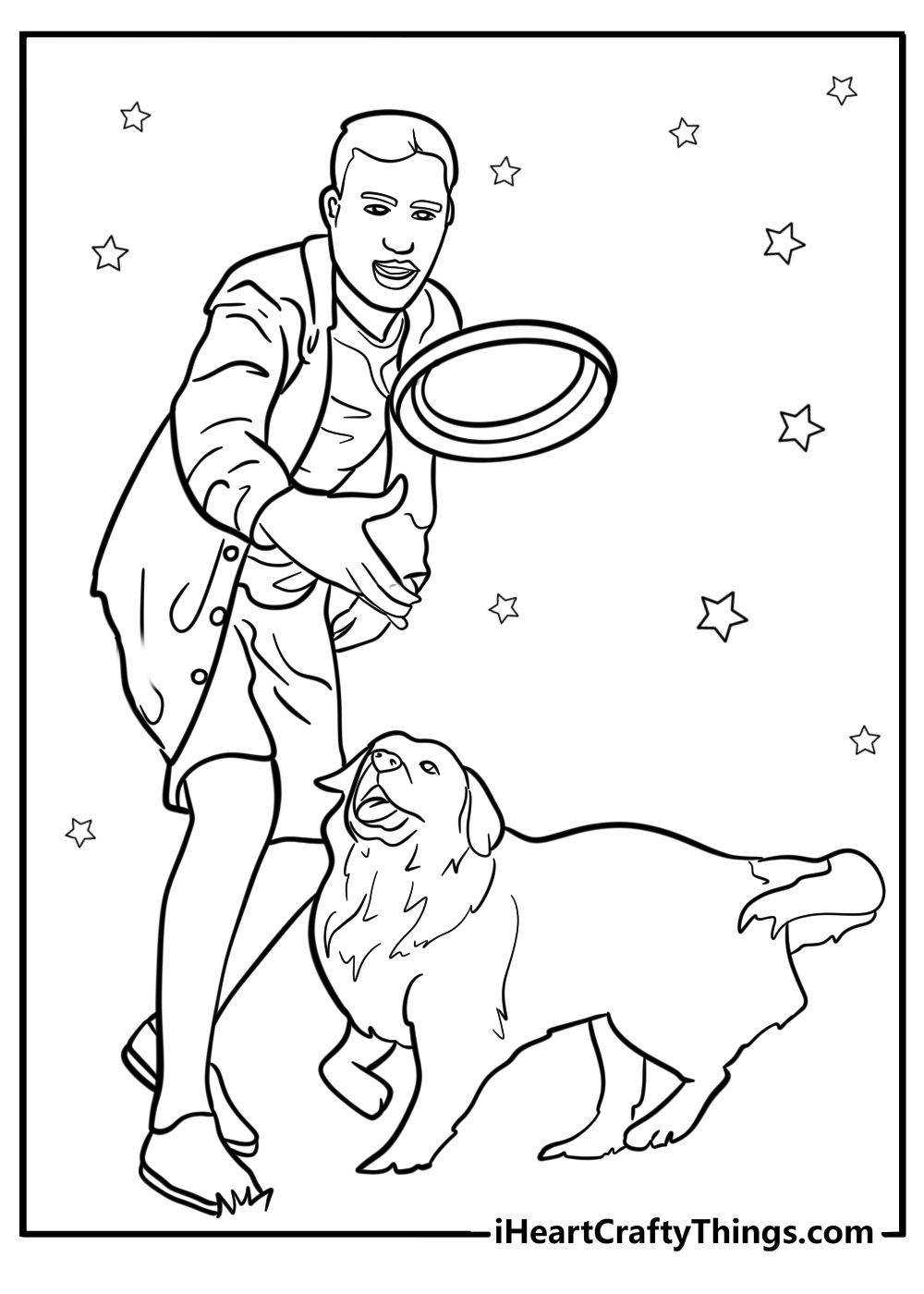 Golden retriever and owner playing fetch detailed coloring sheet