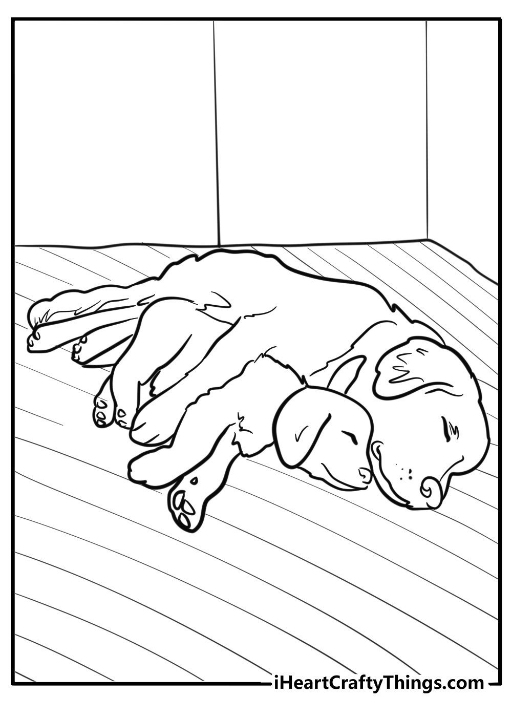 Golden retriever and puppy cuddling printable coloring page