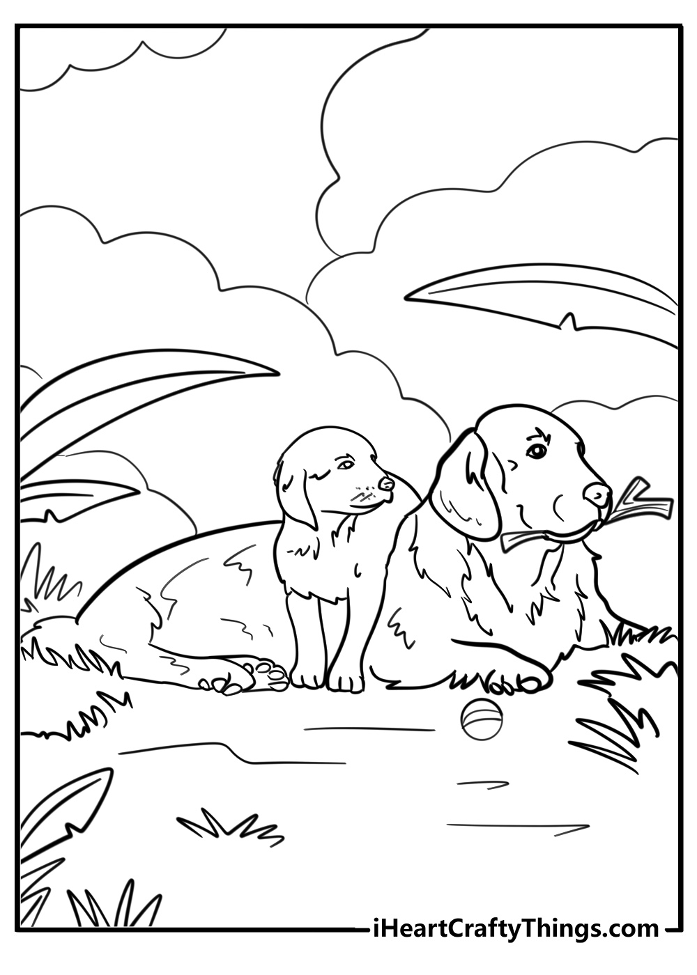 Golden retriever and puppy playing free coloring page pdf