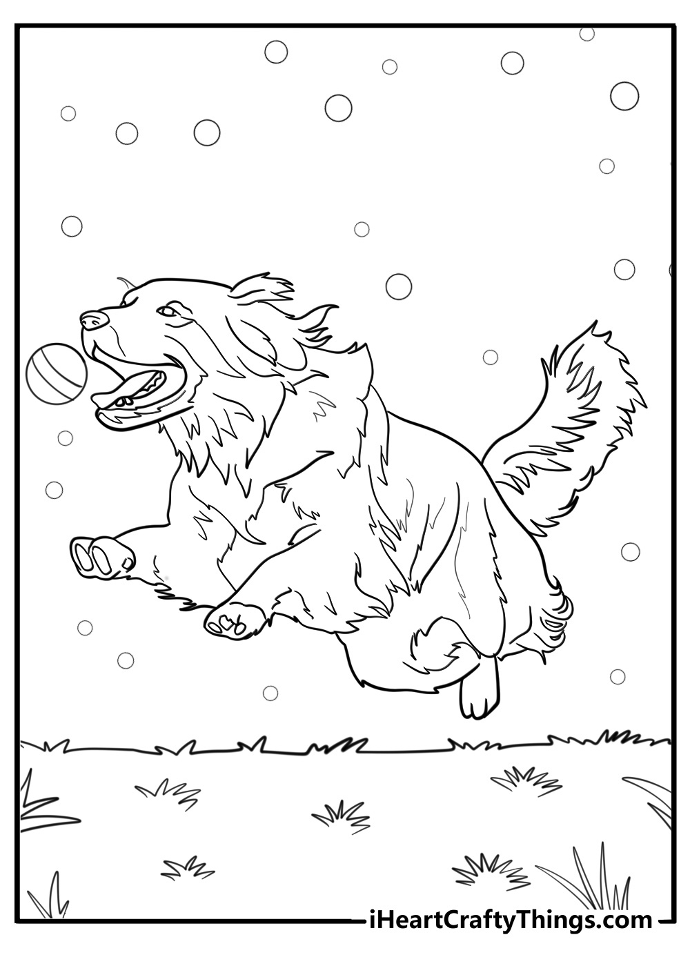 Golden retriever jumping for a ball printable coloring page