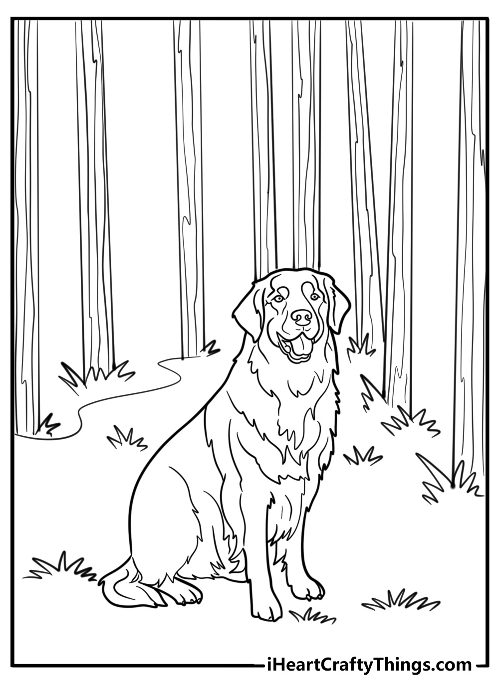 Golden retriever on a hiking trail detailed coloring sheet