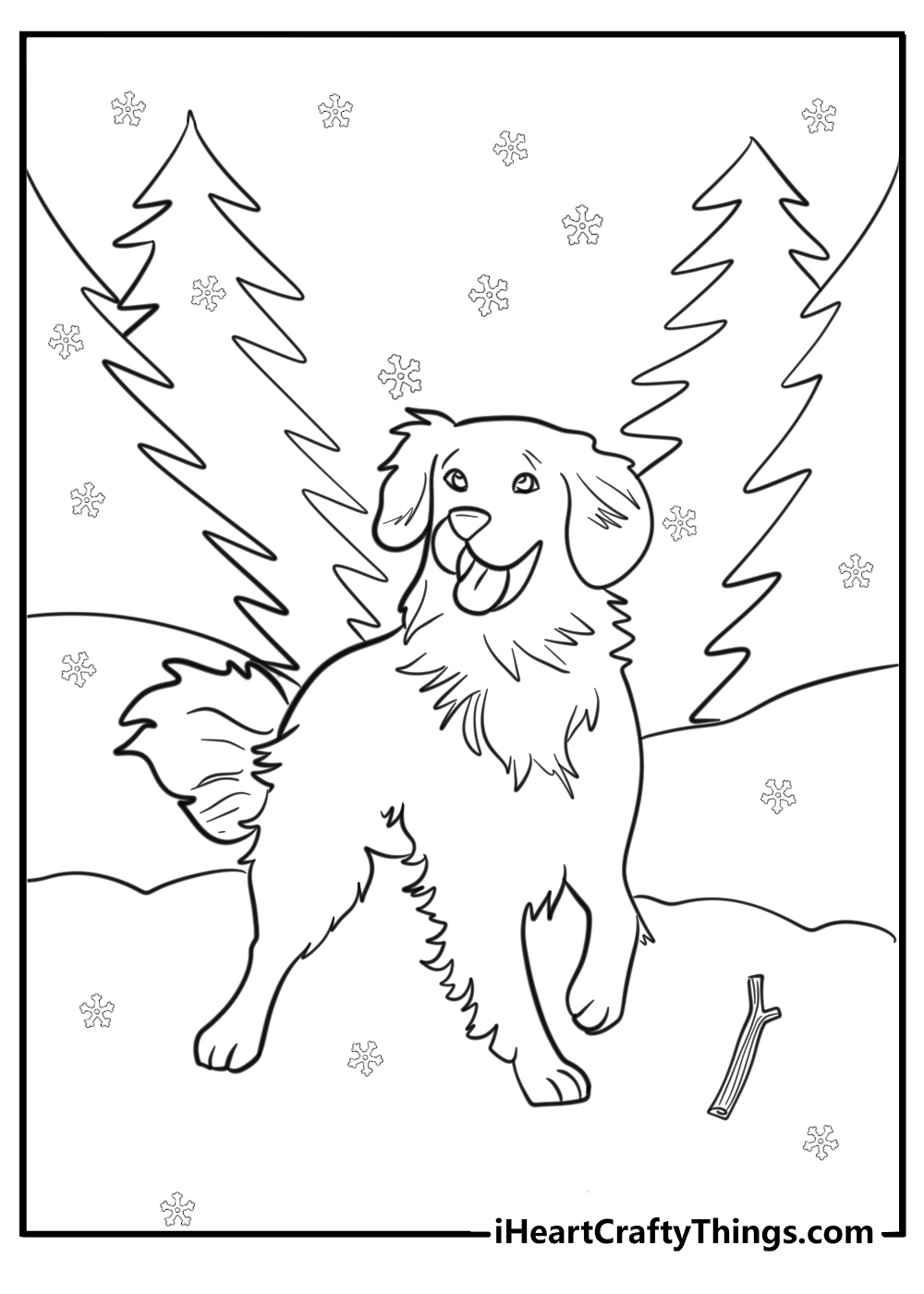 Golden retriever playing in the snow free coloring page pdf