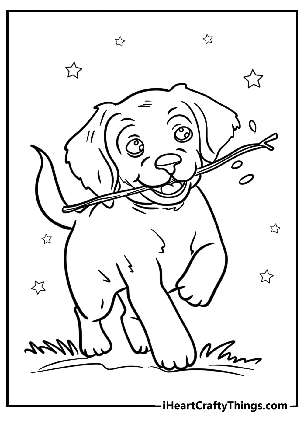 Golden retriever puppy playing coloring page for kids