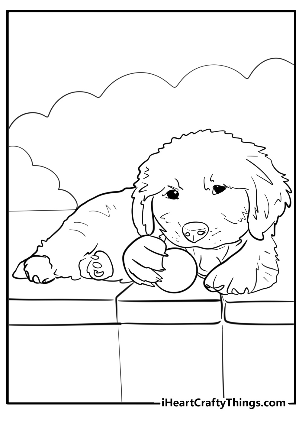 Golden retriever puppy with a toy free coloring page pdf