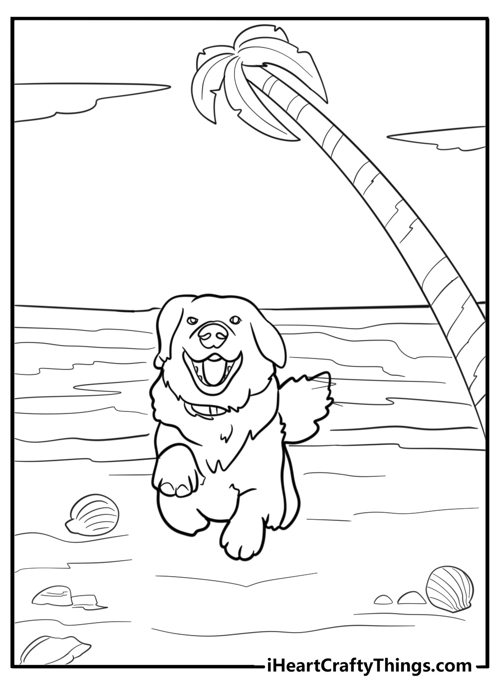 Golden retriever running on the beach fun coloring sheet