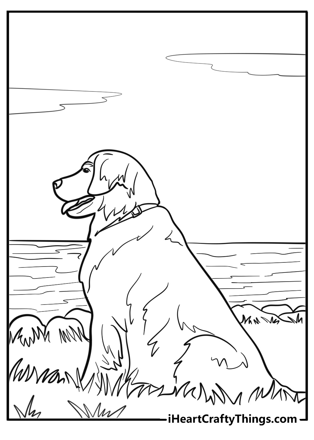 Golden retriever sitting by the lake fun coloring sheet