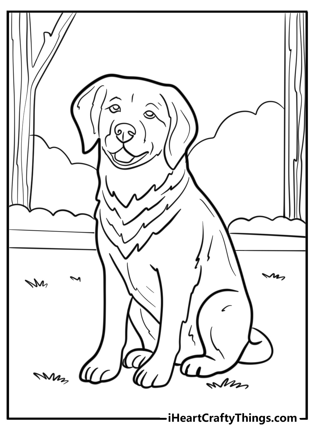 Golden retriever sitting in the park printable coloring sheet