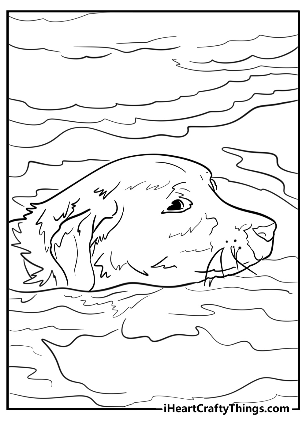 Golden retriever swimming in a lake fun coloring sheet