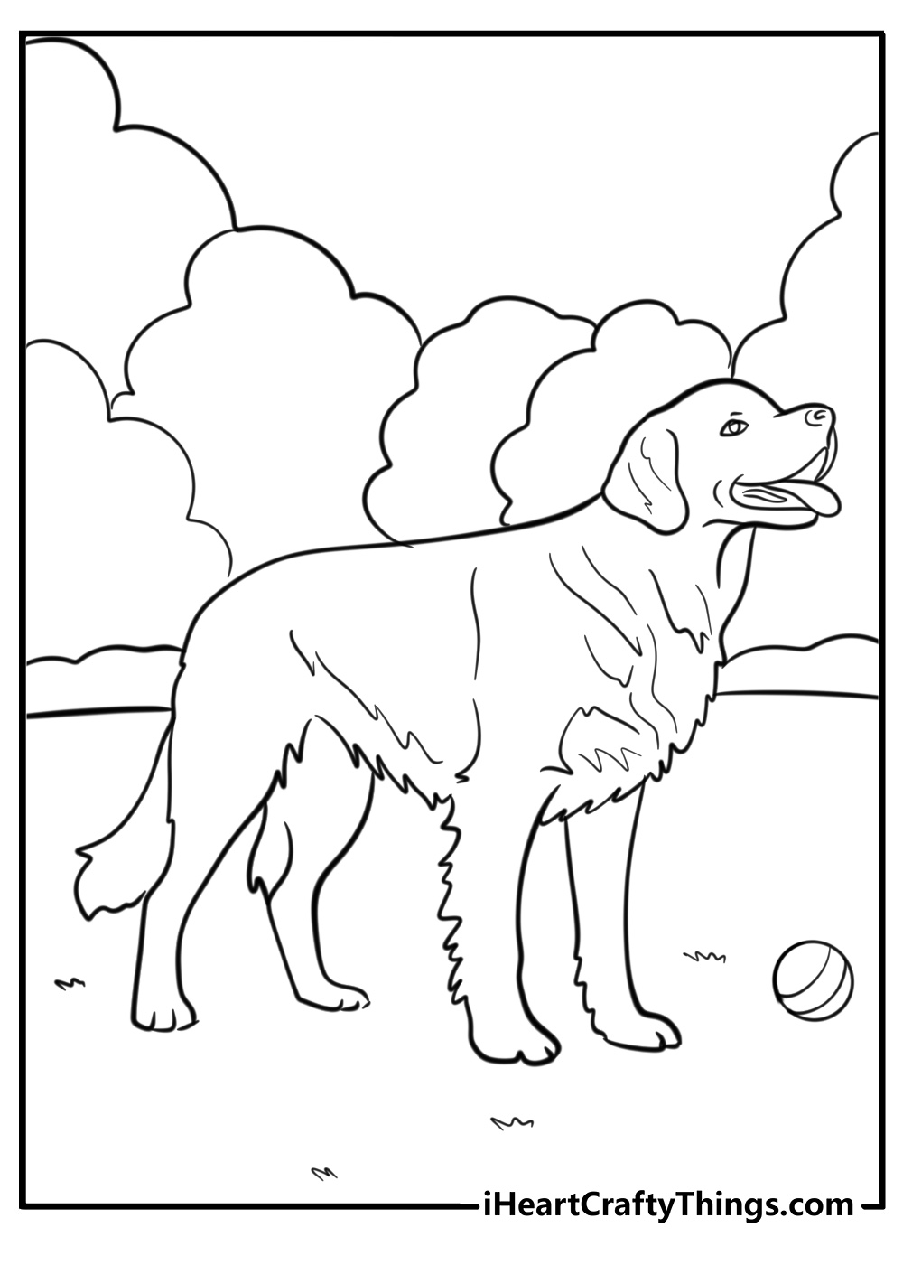 Golden retriever with a ball free coloring page pdf