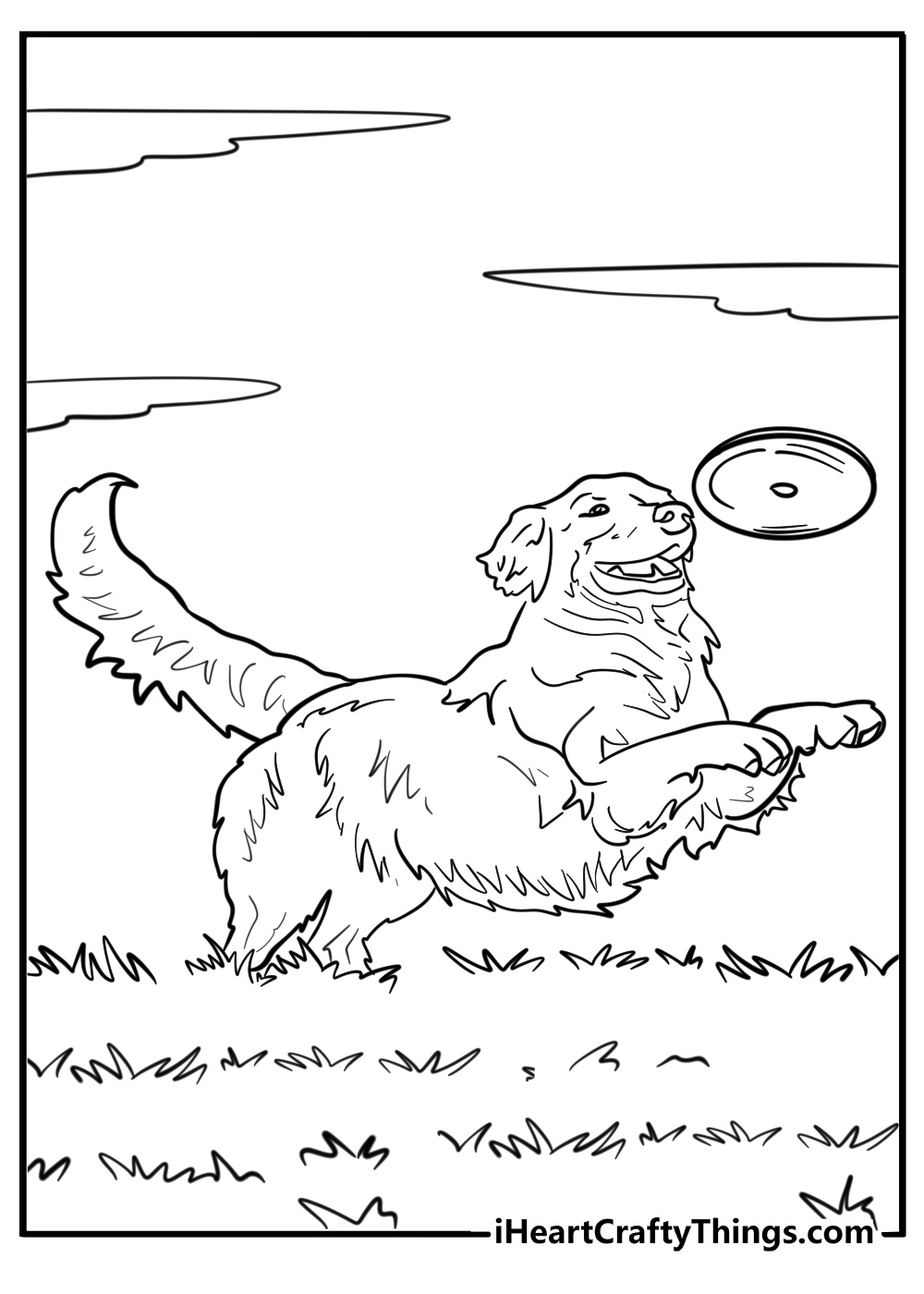 Golden retriever with a frisbee coloring page for kids