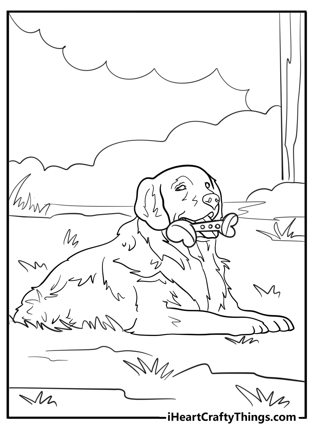 Golden retriever with a toy bone free coloring page pdf