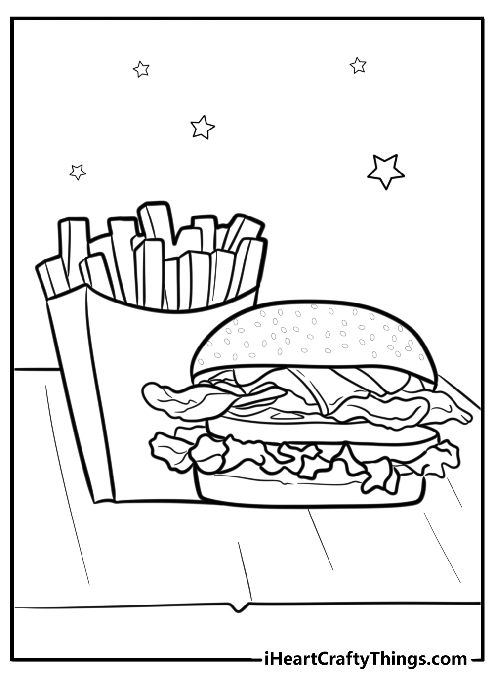 Hamburger and french fries detailed coloring sheet