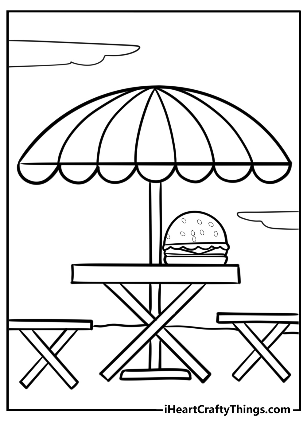 Hamburger on a picnic table free printable coloring page