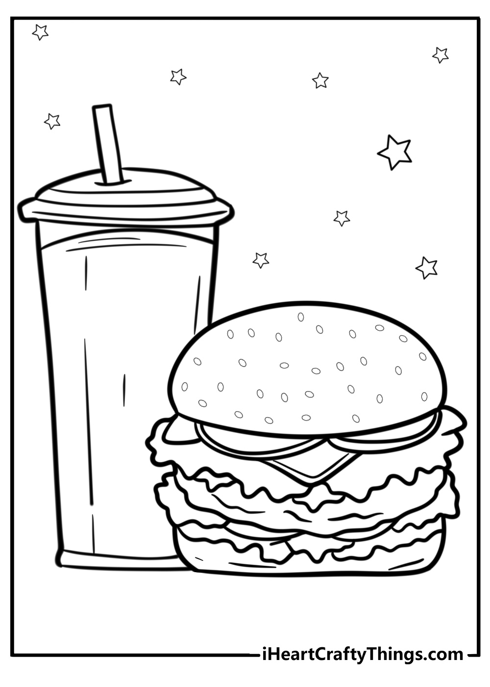 Hamburger with a drink and straw detailed coloring sheet for kids