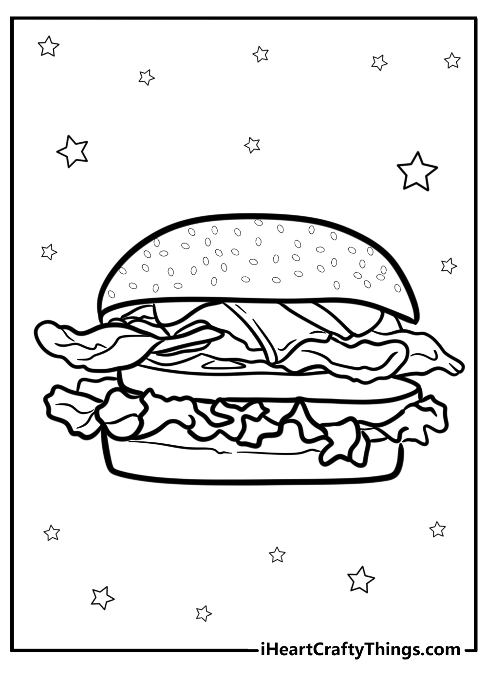 Hamburger with bacon and lettuce coloring page for kids