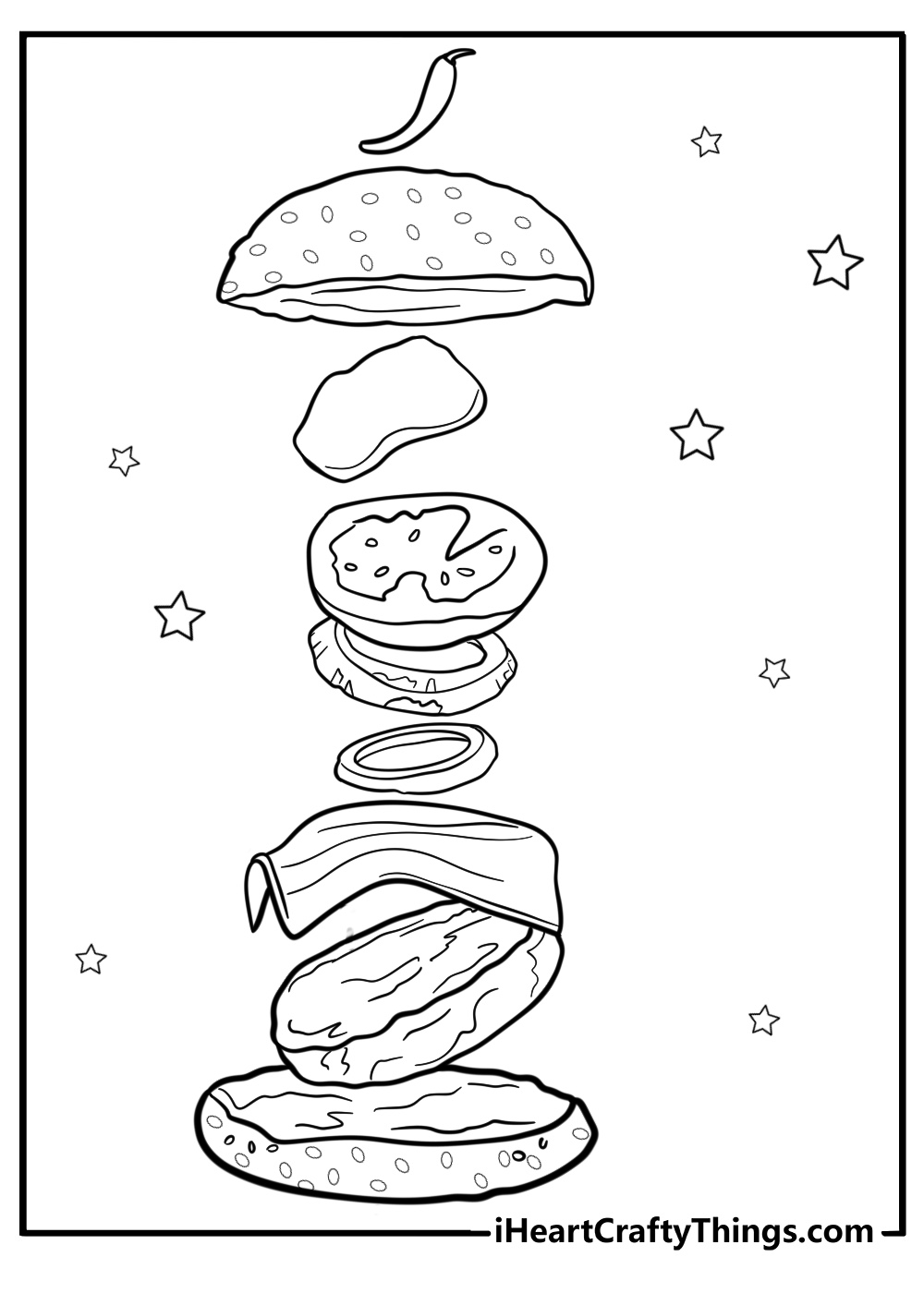 Hamburger with condiments and toppings printable coloring page