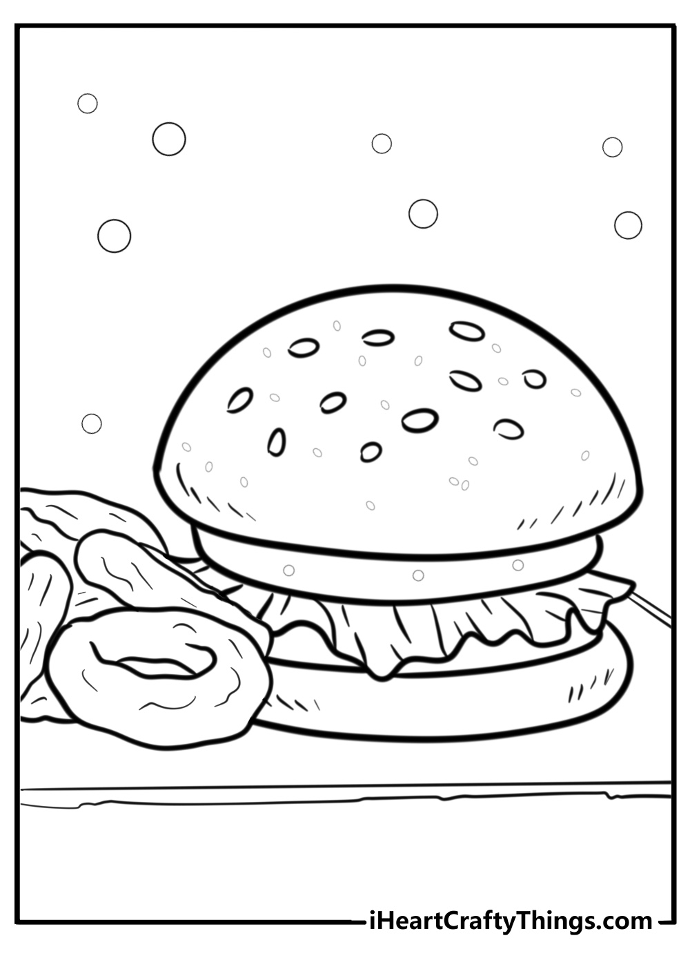 Hamburger with onion rings detailed coloring sheet