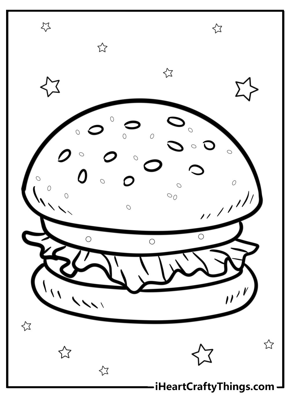 Hamburger with tomato and lettuce fun coloring sheet