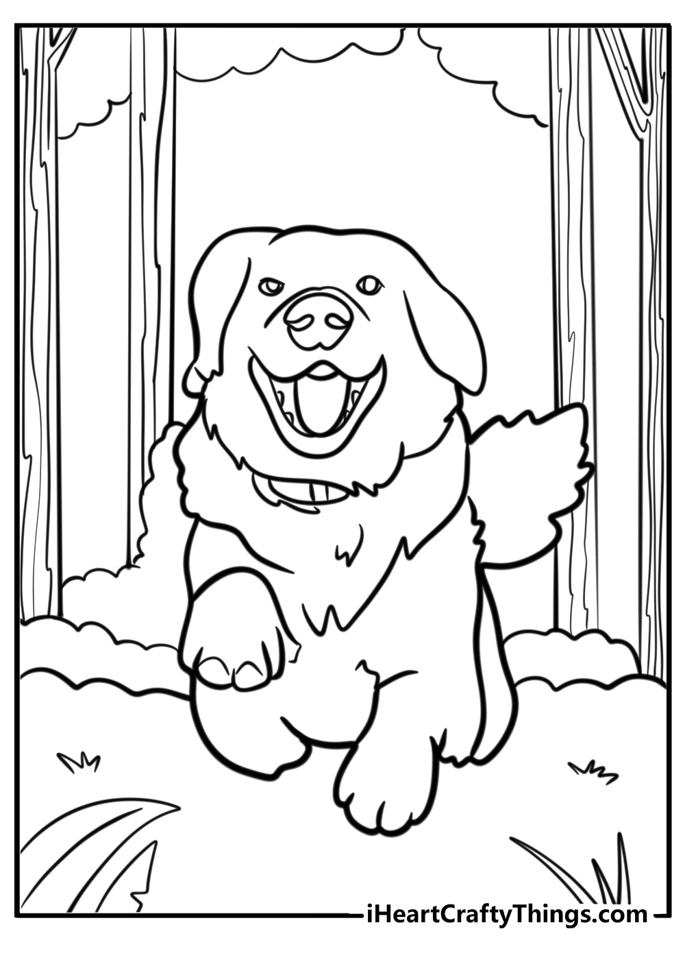 Happy golden retriever running detailed coloring sheet