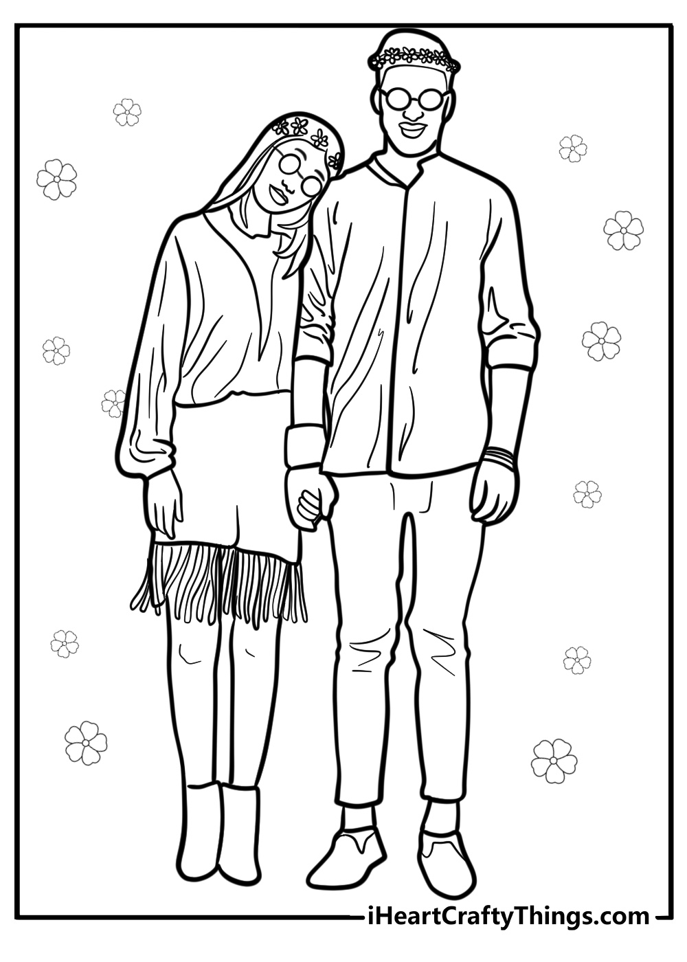 Hippie couple holding hands coloring page