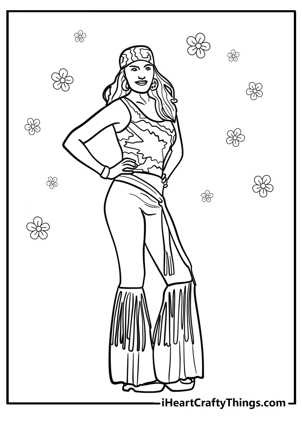 Hippie girl in bell bottom jeans fun coloring sheet