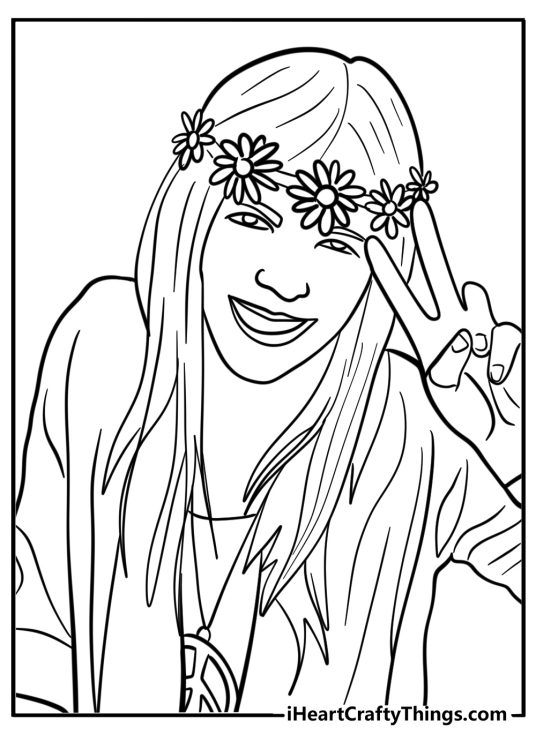 Hippie girl making a peace sign fun coloring sheet