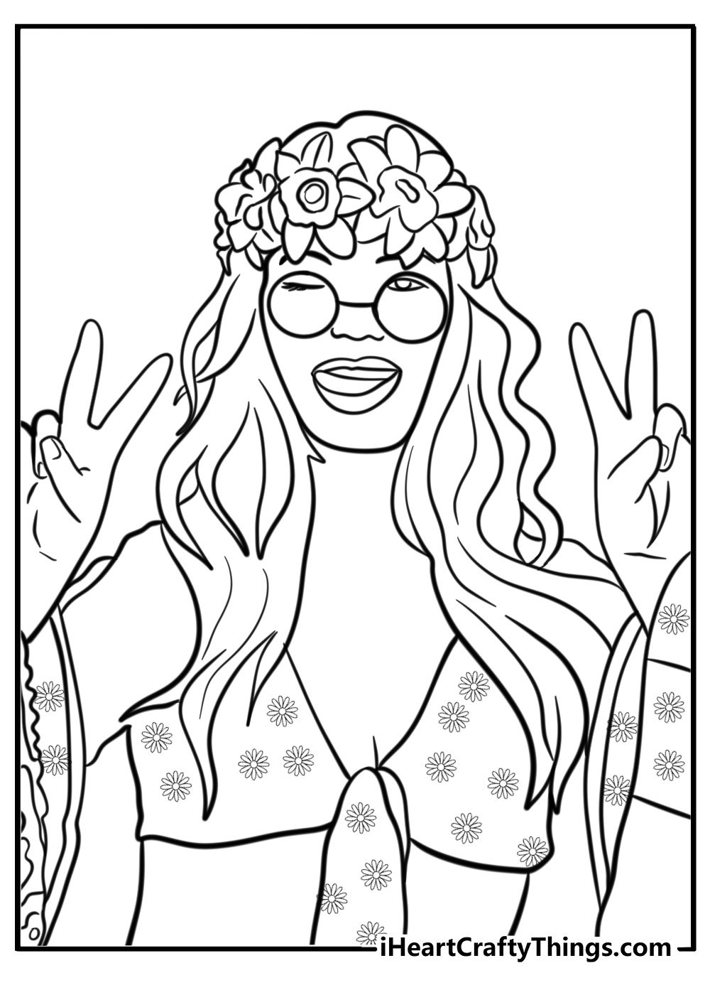 Hippie girl with flowers in her hair free coloring page pdf