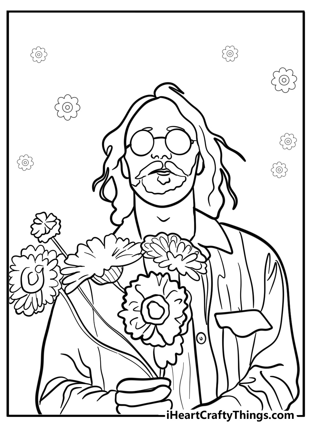 Hippie holding flowers detailed coloring sheet