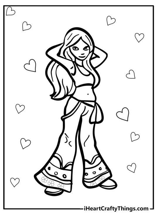 Hippie in colorful clothes free printable coloring page