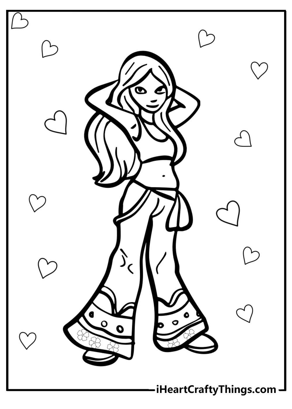 Hippie in colorful clothes free printable coloring page