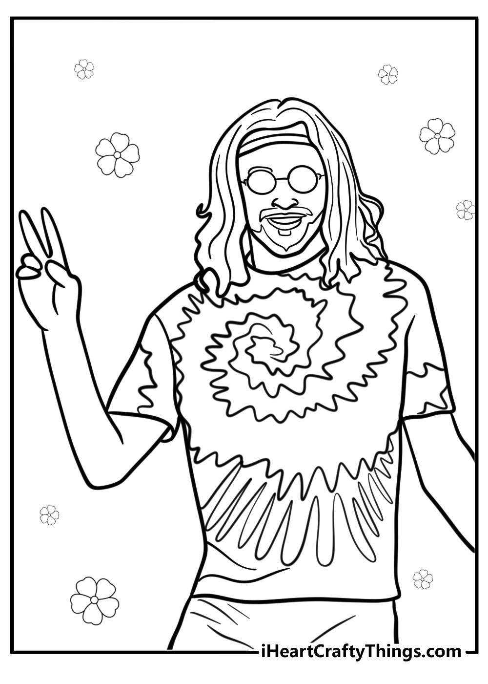 Hippie in tie dye shirt fun coloring sheet for kids