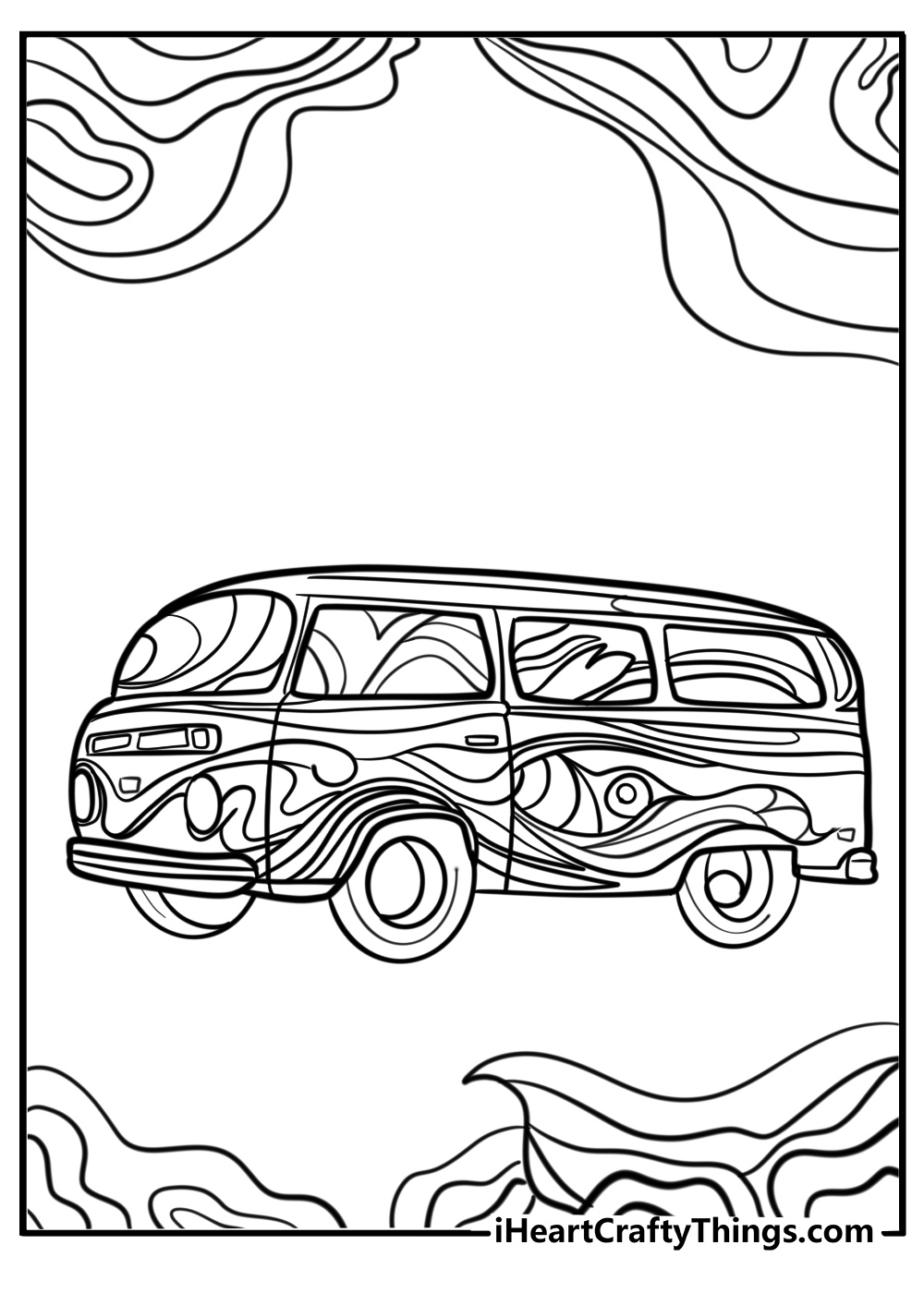 Hippie van with psychedelic patterns coloring page for kids